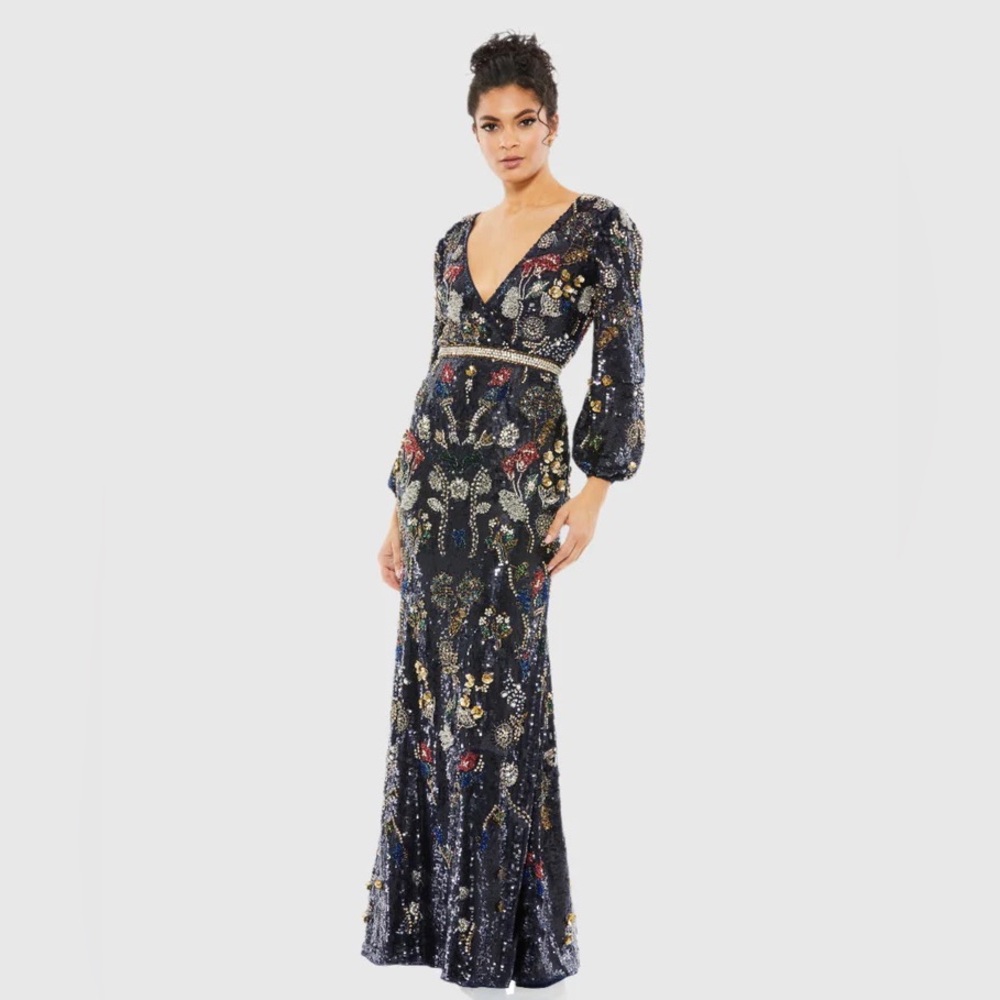 MAC DUGGAL Embellished Wrap Over Bishop Sleeve Gown